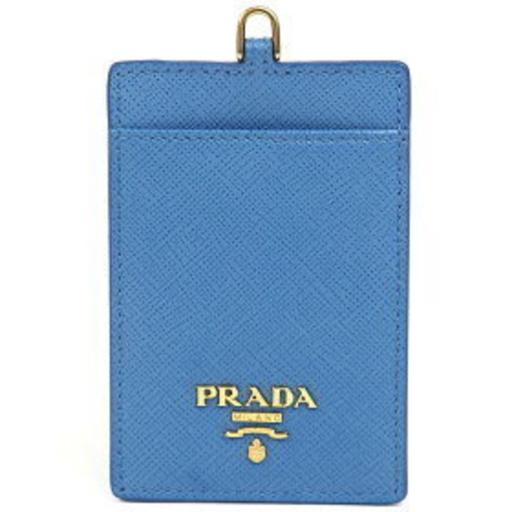 PRADA Saffiano Leather Badge Holder Neck Strap Card Case ID Blue